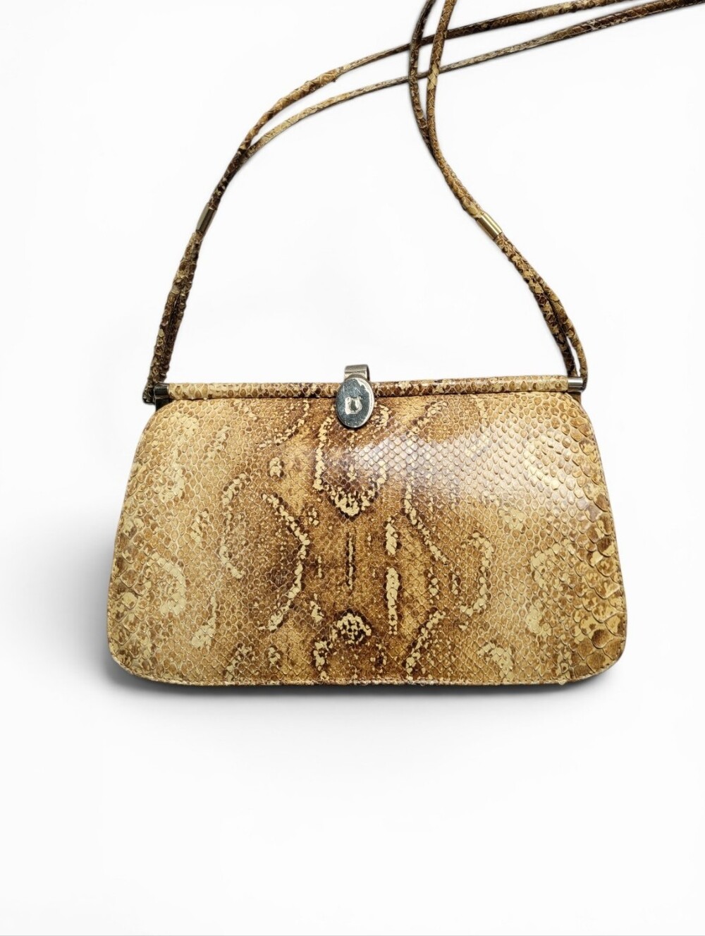 Vintage Python Snakeskin Leather Shoulder Bag Tan Beige